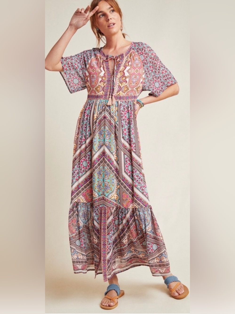 Kachel Anthropologie Maxi Dress Boho Patchwork Paisley Flutter Short Sleeve LP 👍